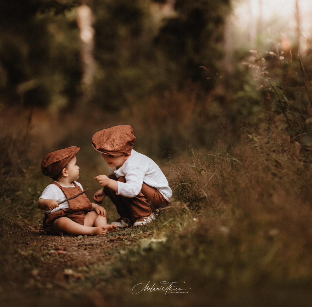 Einzigartige Kinderportraits, Brüder entdecken die Magie im Wald.